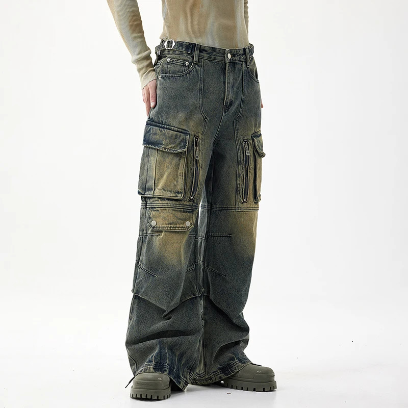 lightweight American street heavyweight jeans mens fashion retro multi pocket work pants mens loose wide leg pants 250402