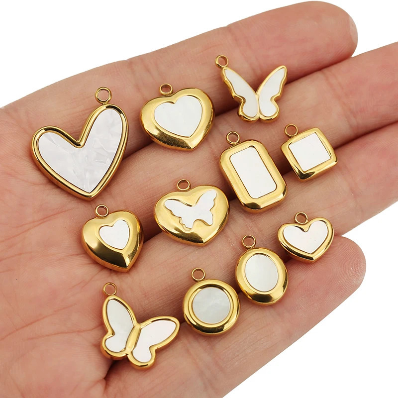 4 pieces of stainless steel natural shell butterfly circular square heartshaped charm necklace jewelry making DIY pendant 250325