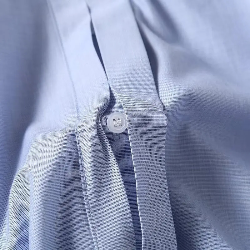 Maxdutti Nordic Minimalist Lake Blue Loose Fitting Tops Womens Casual Long Sleeve Folded Shirt Womens 250402