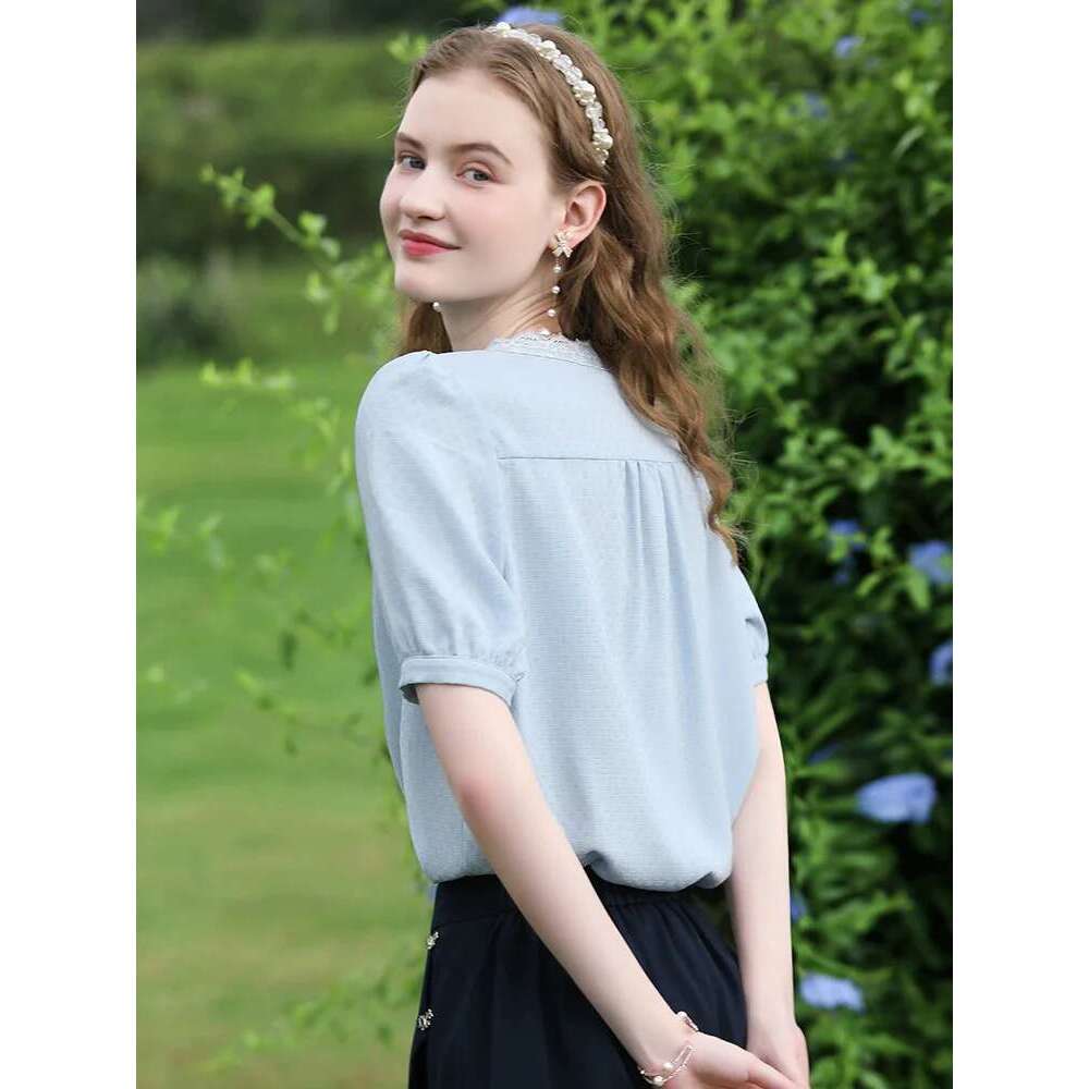 Chiffon Shirts For Women Summer Blue V-Neck Short-Sleeve New Temperament Classic Elegant Blouses