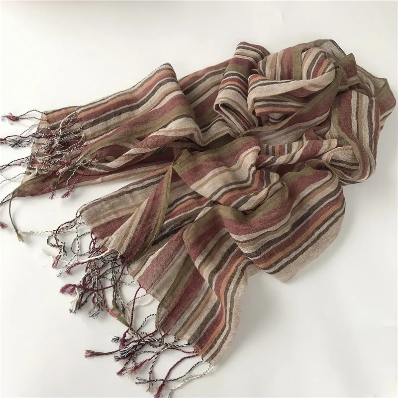 Stripe Linen Flax Tassel Scarf Women Foulard Summer Travel Long Shawl Lady Elegant Hijab 60*200CM 250403