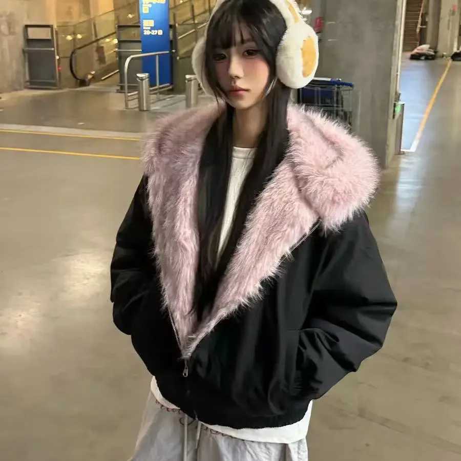 2025 new double-sided wear American street hooded jacket Y2K retro fashion women thickened warm hooded short cotton jacket J251105