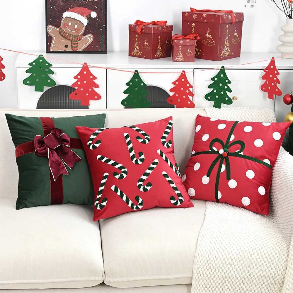 2025 Christmas Cushion Cover 4545 Bow Patchwork Pillow Covers Decorative Velvet Cotton Festive Home Decor Pillowcases for Sofa Y251105