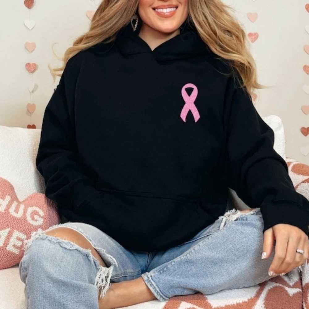 Pink Glitter Ribbon Hoodie Breast Cancer Sweatshirt Pink Ribbon Hoodie Cancer Survivor Pullover Pocket Adjustable DrawstringT251105
