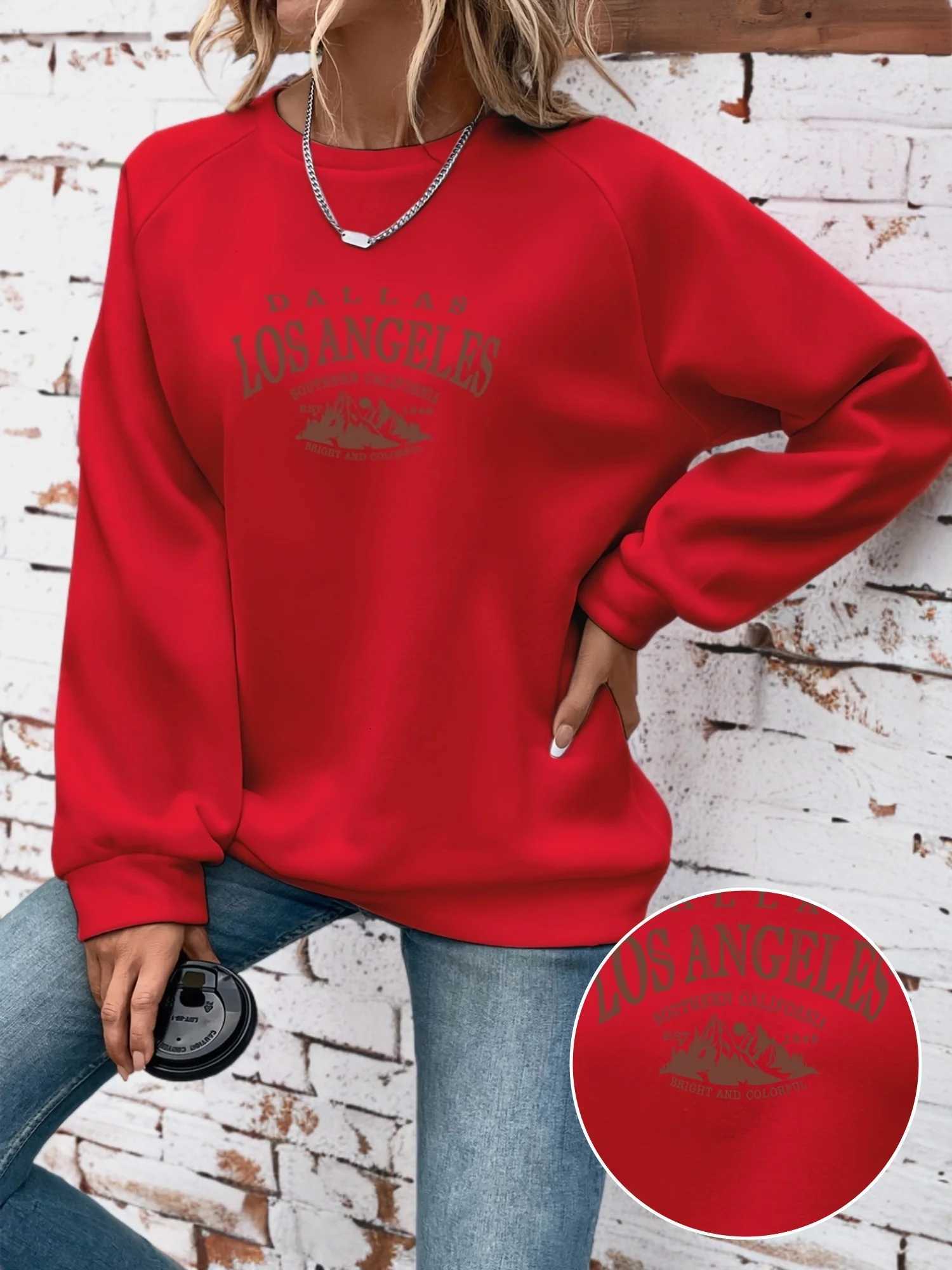 Womens autumn and winter casual wide pine mountain and letter pattern print warm and velvet long sleeved round neck sweatshirtT251105