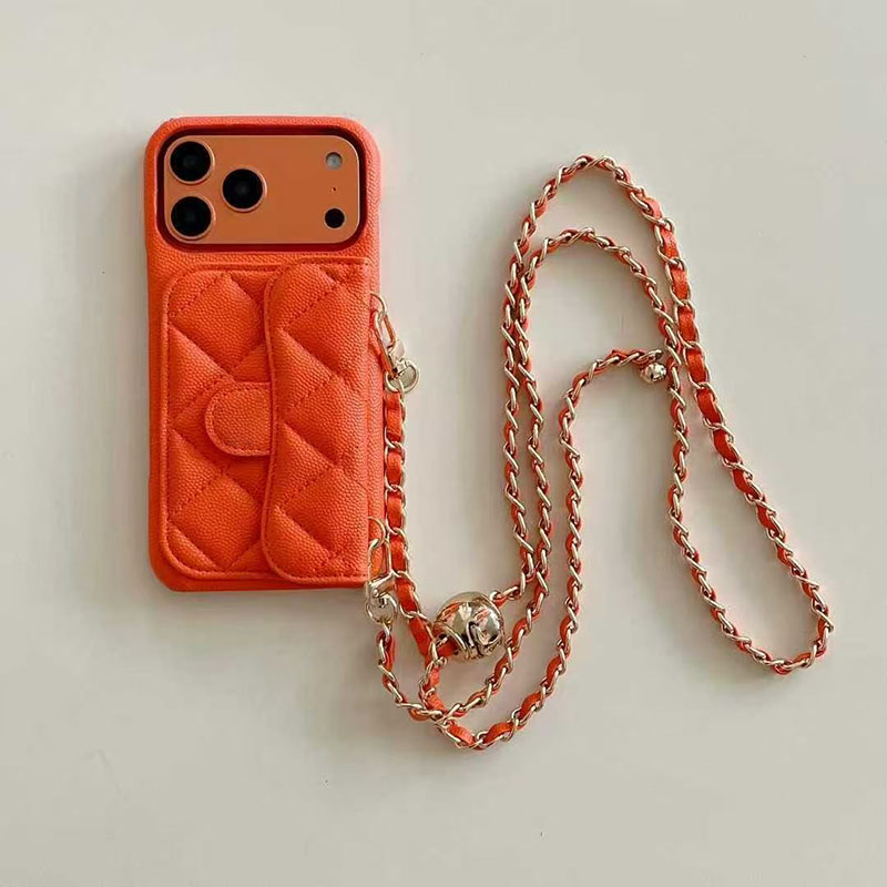 Crossbody Designer Phone Case for Apple iPhone 17 16 15 14 Sleek Pebbled Leather Diamond Chain Strap Card Holder Velvet Lining Hard Shell Back Cover Coque Funda Orange