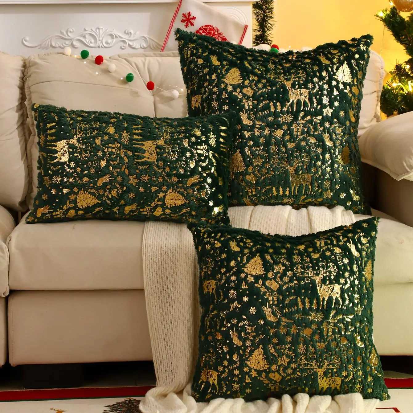 1 PC Christmas Tree Throw Pillow Cover Winter Plush Bronzing Christmas Decoration Living Room Y251105