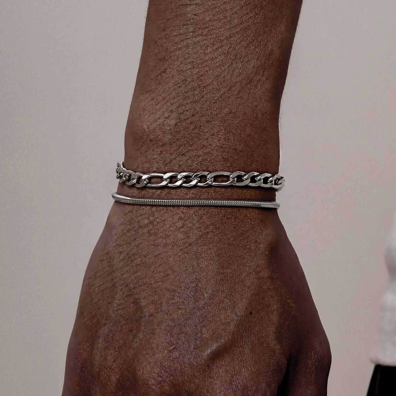 2pcs Stainless Steel Bracelets for MenSilver Color Figaro Chain Links WristbandCasual Jewelry GiftXJ251105