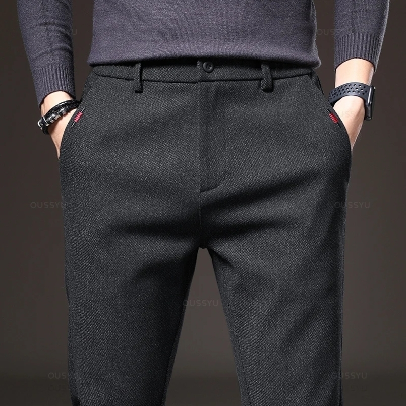 Autumn Mens Casual Pants Business Fashion Elastic Waist Slim Fit Stretch Thick Gray Black Cotton Trousers Male 251023