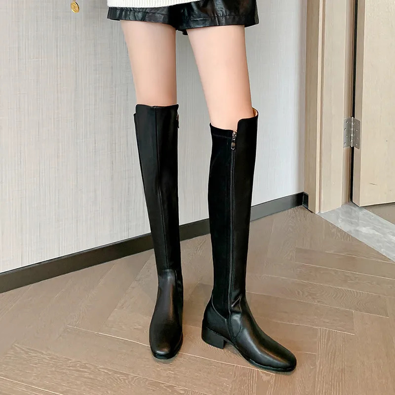 MKKHOU Fashion KneeHigh Boots Women High Quality Real Leather Stitching Low Heel Leather Boots Daily High Boots Winter 251031