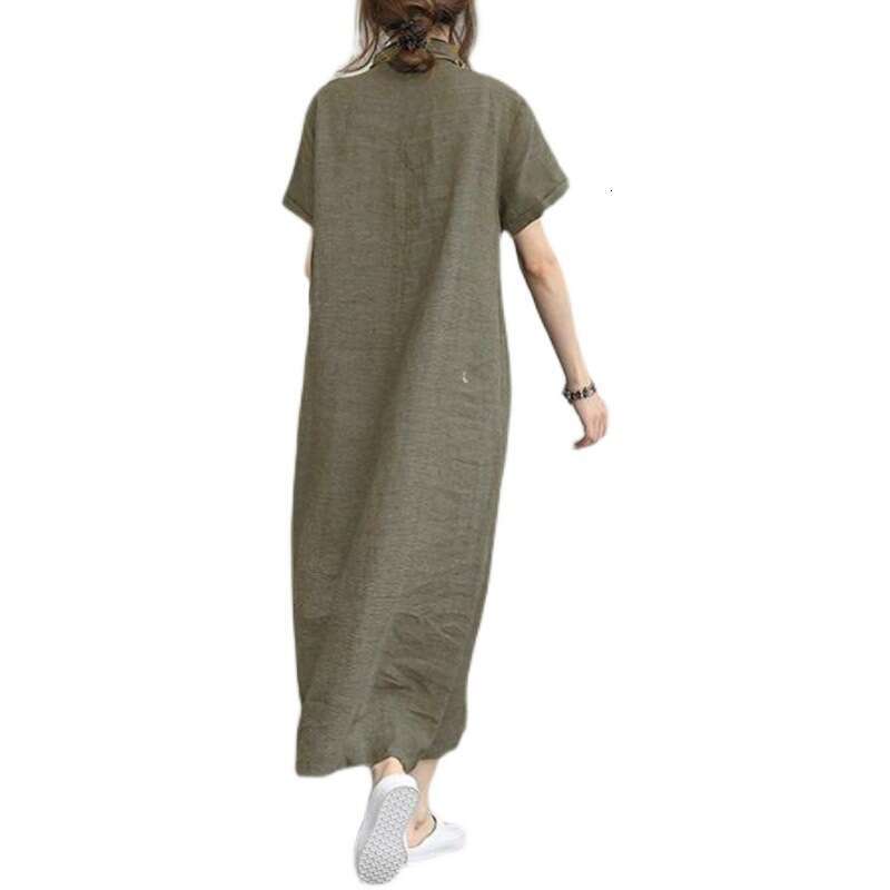 Cross-Border New POLO Cotton Linen Turn-Down Collar Short Sleeve Loose Pocket Elegant Women's Casual Dress B5