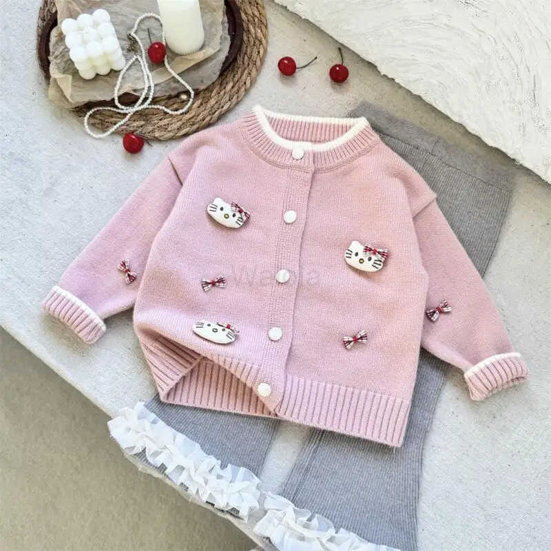 Sanrio Hello Kitty Kids Sweater Girl Cartoon Kawaii Fashion Cardigan Bow Knit Sweet Coat Spring Autumn Clothes Girls Gift New H251105