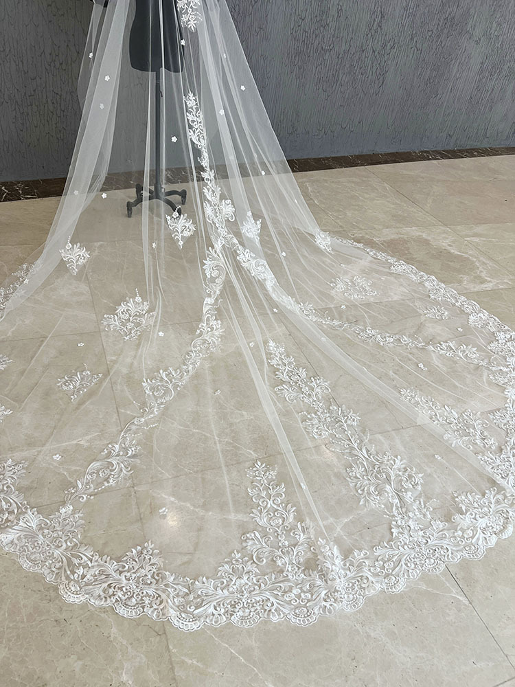 Modern Appliques Wedding Veil Lace One Layer Cathedral Length Bride Veils With Comb High Quality Customized velo de novia