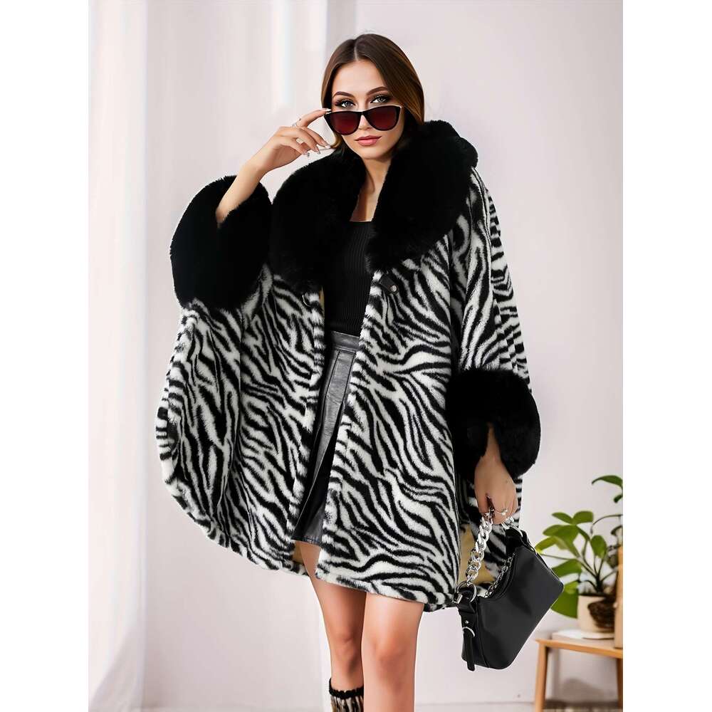 Autumn And Winter Thickened Cow Zebra Leopard Print Spotted Shawl Canopy Loose Faux Fur Bat Style Open Cardigan Cloak