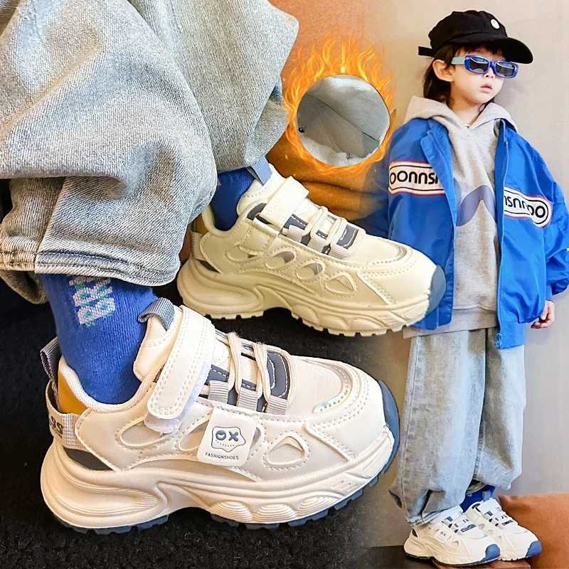 Childrens Padded Sneakers 3-18 Years Old Boys Thickened Leather Girls White Shoes Fall Winter Soft Non-slip Kids Cotton ShoesT251105