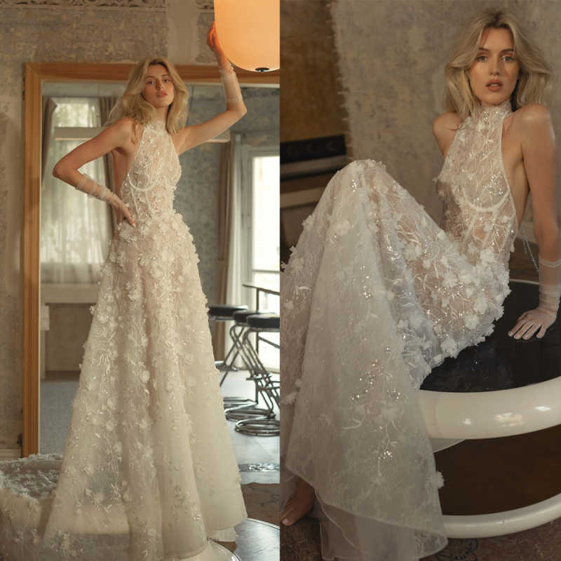 Gorgeous Halter Sequined Wedding Dress Lace Appliques Open Back Sweep Train Lace Brides Gown Vestido De Noiva Customized