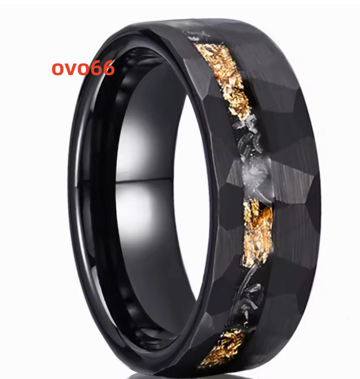 8mm 6mm Meteorite and Gold Leaf Inlay Ring Black Hammered Solid Tungsten Wedding Mens Band Ring Tungsten Wedding Ring Sets