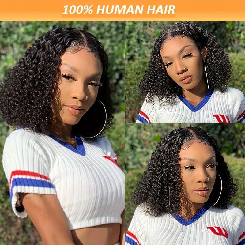 4X4 Glueless Bob For Women Curly Front Human Plucked Pre Cut Lace Ready To Wear 180% Density Black, Put On And Go Wig, Natural Hair Solution, Kinky Cu