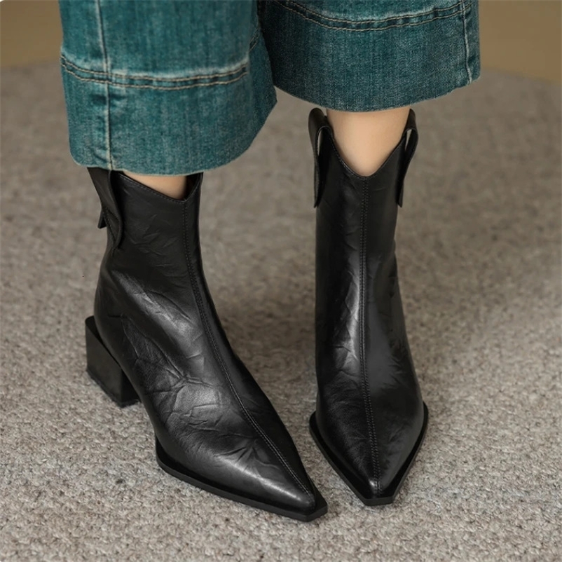 Pointed Toe Women Western Cowgirl Boots Fashion Slip on Chelsea Booties Retro Style Autumn Female Thick Heel Shoes Heel 5CM 251104