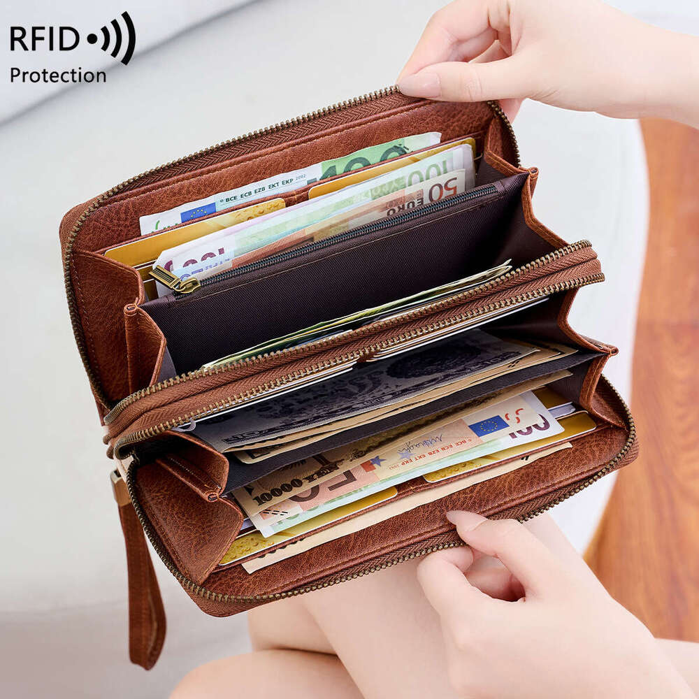 Cross-Border New RFID Women's Double Zipper Contrast Color Long Wallet European and American Retro Large Capacity Men's Clutch