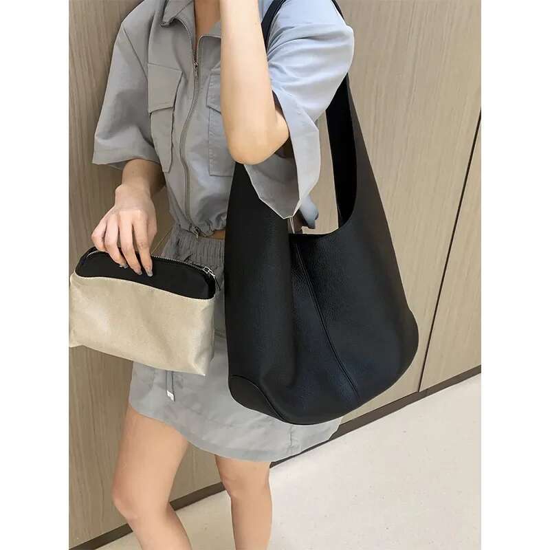 Classic Stylish Simple Large Long-Handle Bucket Tote Natural Cow Leather Women Handbag Soft Office Commuter Shoulder Bag