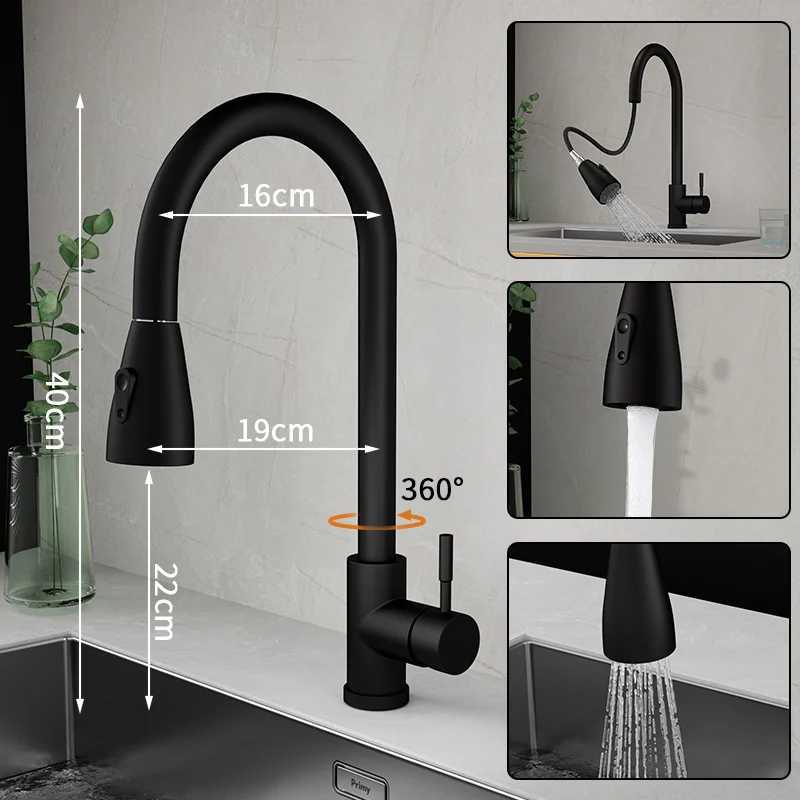 Black Kitchen Faucet ible Pl Out 2 Modes Nozzle Hot Cold Water Mixer Tap Deck Mounted Sprayer and Stream SUS 304 Faucets Y251104