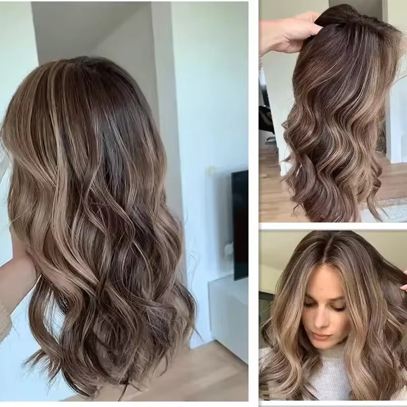 Brown blonde body wave ombre v part human hair wig glueless brown highlight blonde hairpiece wig for white women