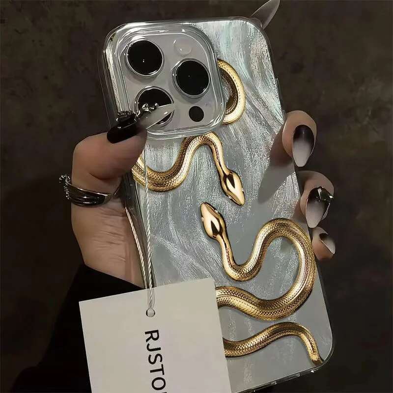 Gold Snake Print Case For iPhone 16 15 14 13 12 11 Pro Max XS X XR 8 7 Plus SE 2022 Feather Chiffon Texture Sier Plated Cover