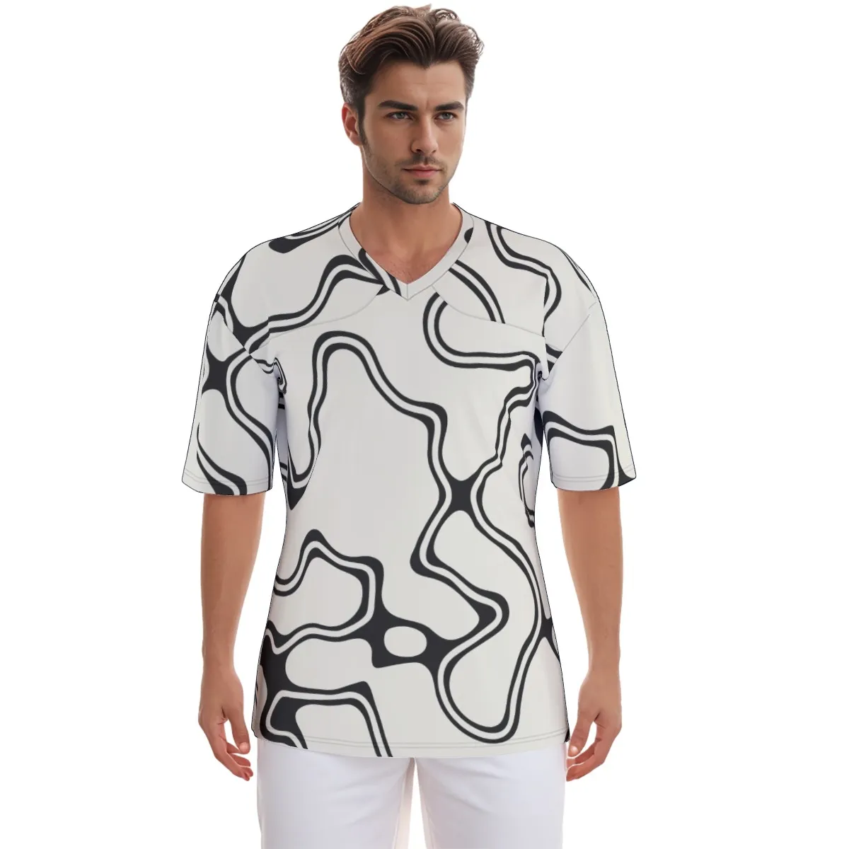 Men's Football Jersey All-Over Print, V-Neck Breathable Soccer Shirt, Lightweight Sports Top 100% Polyester Custom Team Uniform