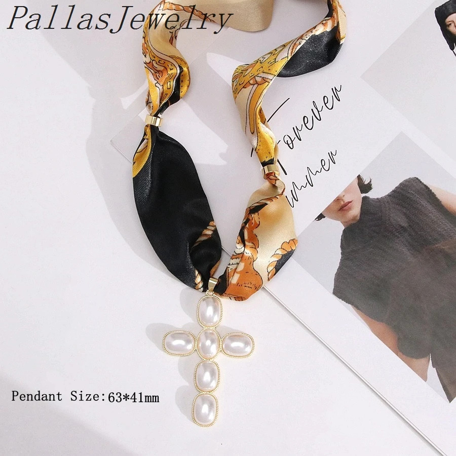5Pcs Exquisite Silk Scarf Necklace With 18k Goldplated Pearl Cross Pendant Women Jewelry Holiday Party Festival Gift 251031