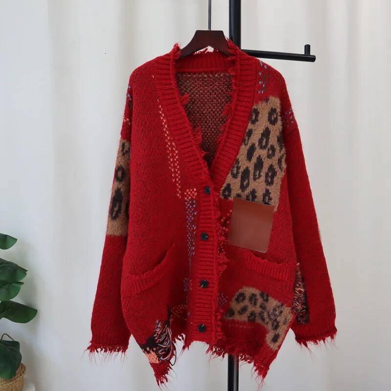 winter jacket women WTHT Trendy Women's Spliced Vintage Leopard Loose Knitted Cardigan Winter Fashion V-neck Long Sweater Female 1LS593