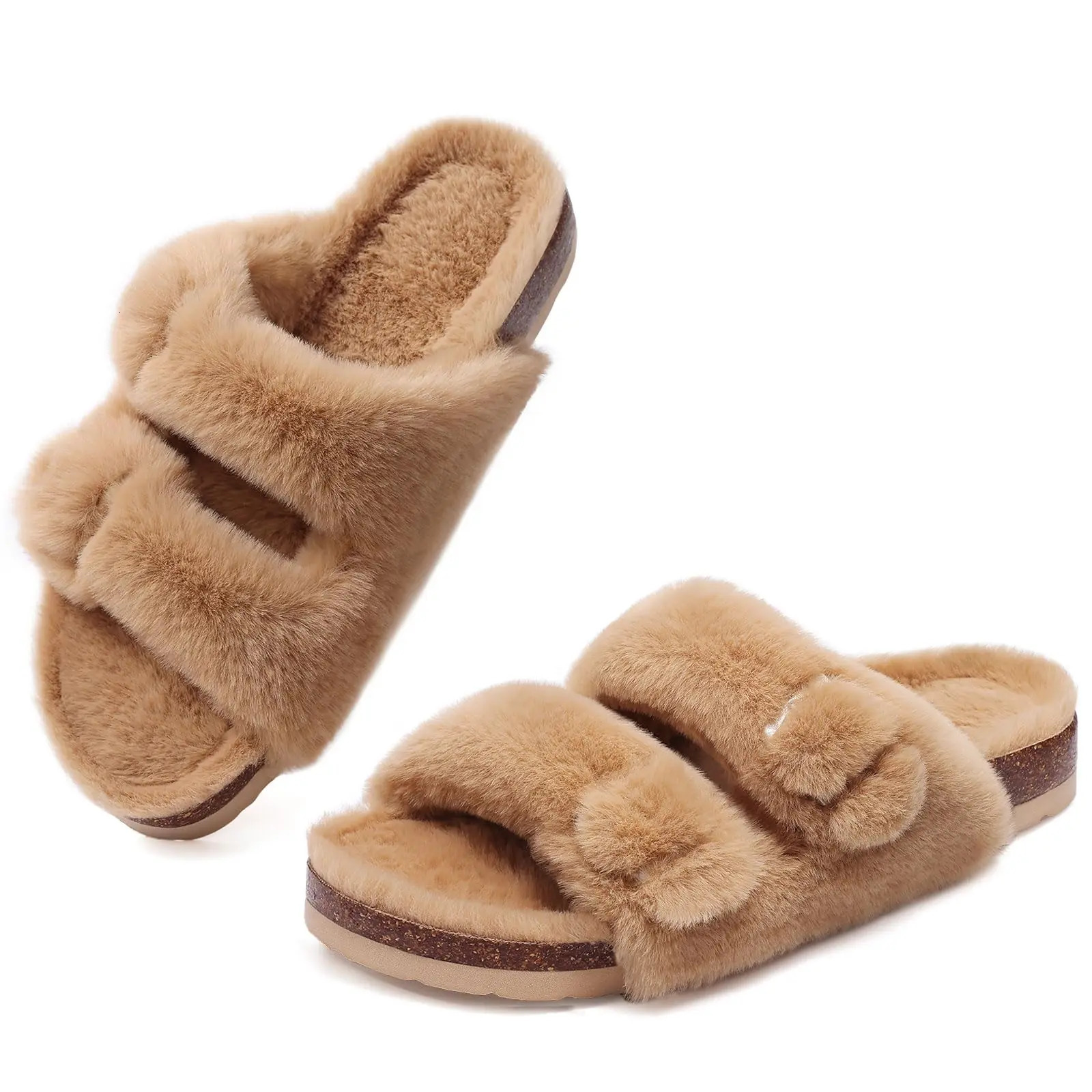 Shevalues Fuzzy Slippers Women Cork Footbed Fluffy Slide Sandals Open Toe Indoor House Shoes With Arch Support Adjustable Buckle 251031