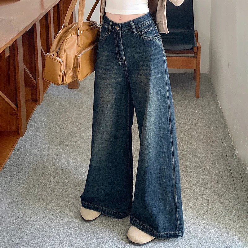 Womens loose retro casual denim Trouser streetwear womens high waisted straight jeans 250403