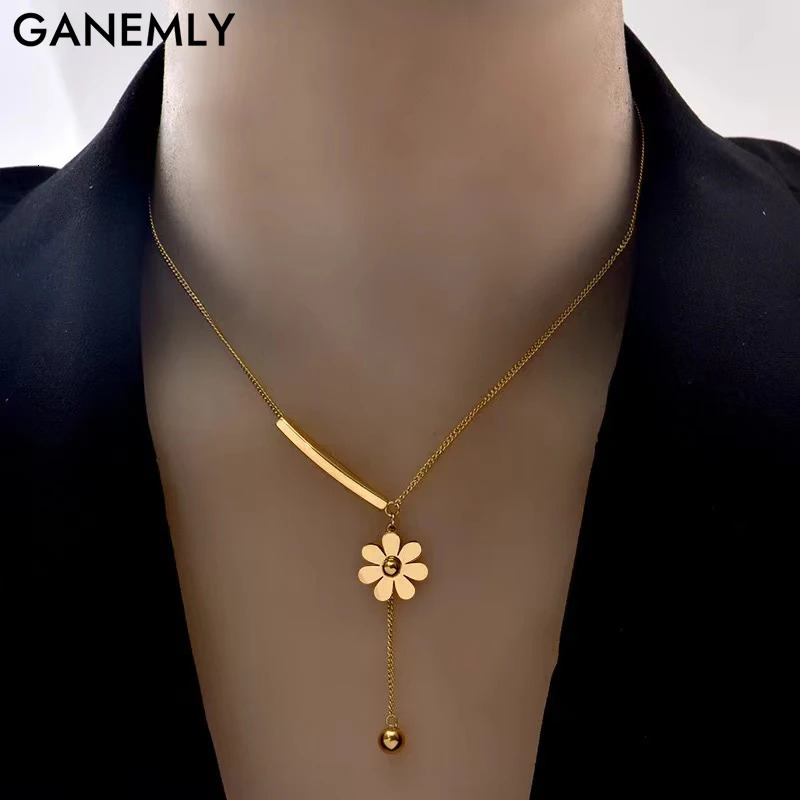 GANEMLY 316L Stainless Steel Gold Color Flower Pendant Necklace For Women Fashion Neck Chain Waterproof Jewelry Gift Collar 251031