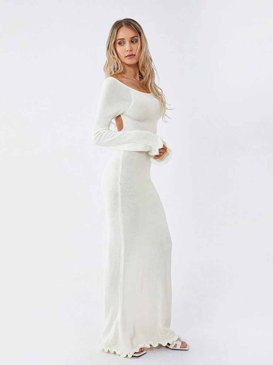 Womens Knitted Bodycon Dress Fashion Long Sleeve Tie Backless Round Neck Solid Color Ruffle Trim Long Dress Casual Beachwear J251105
