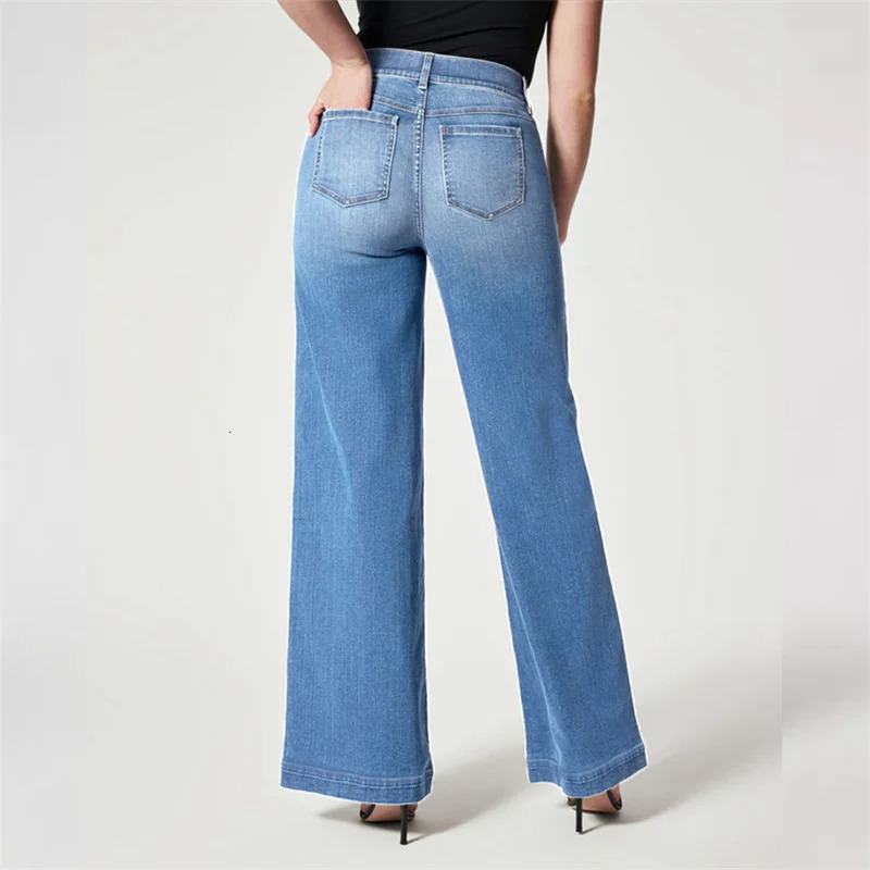 Fashionable wide leg mid waist elastic jeans for women washed denim pants commuting trend casual Trouser splicing legs 250403