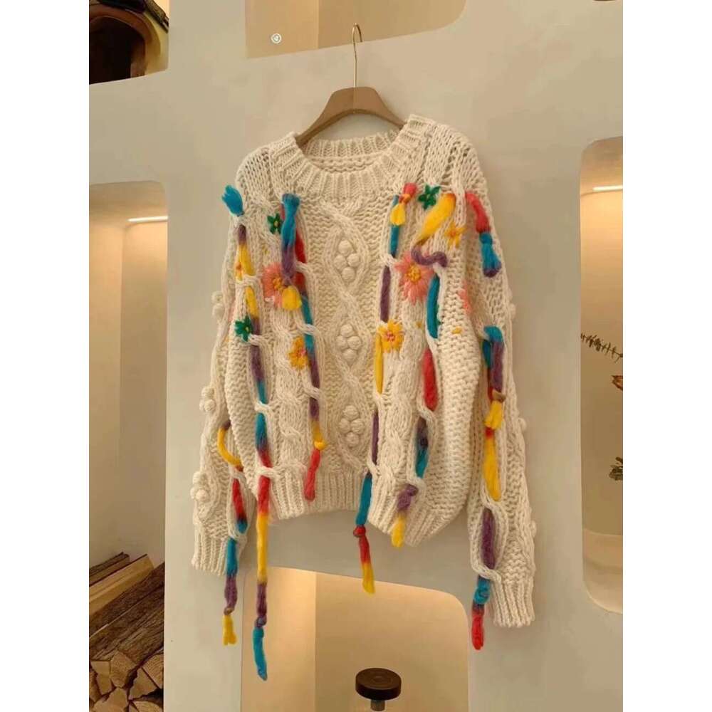 Handknit Coarse Wool Blend Knitted Sweater Colorful Tassel Pullover Tops Autumn Winter Sexy Streetwear Y2K Knitwear C230