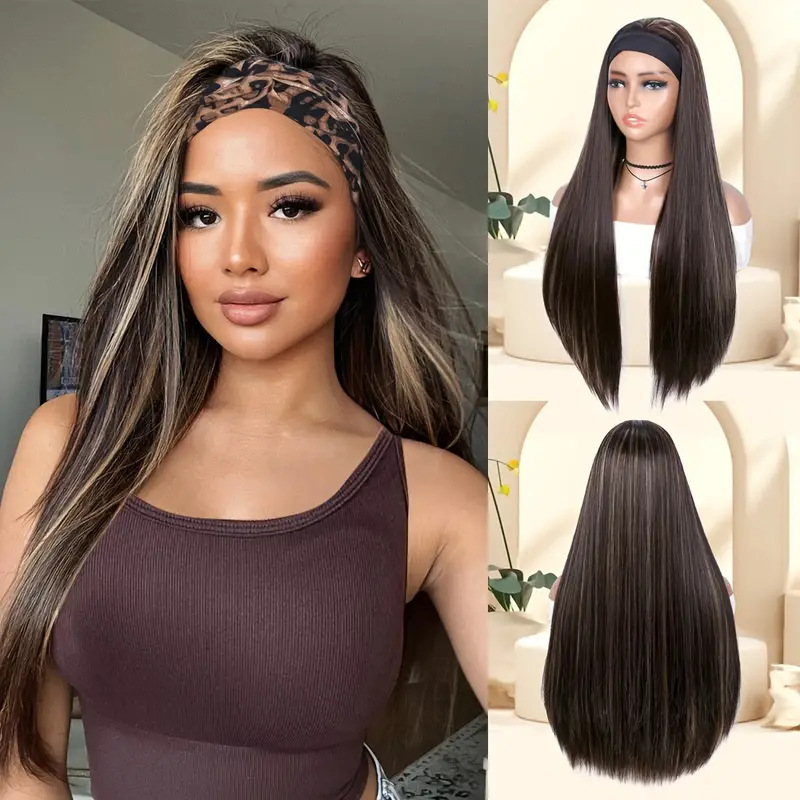 Natural Brown Gold Ombre Wig - Long Straight Synthetic Fiber with Adjustable Band for Comfort