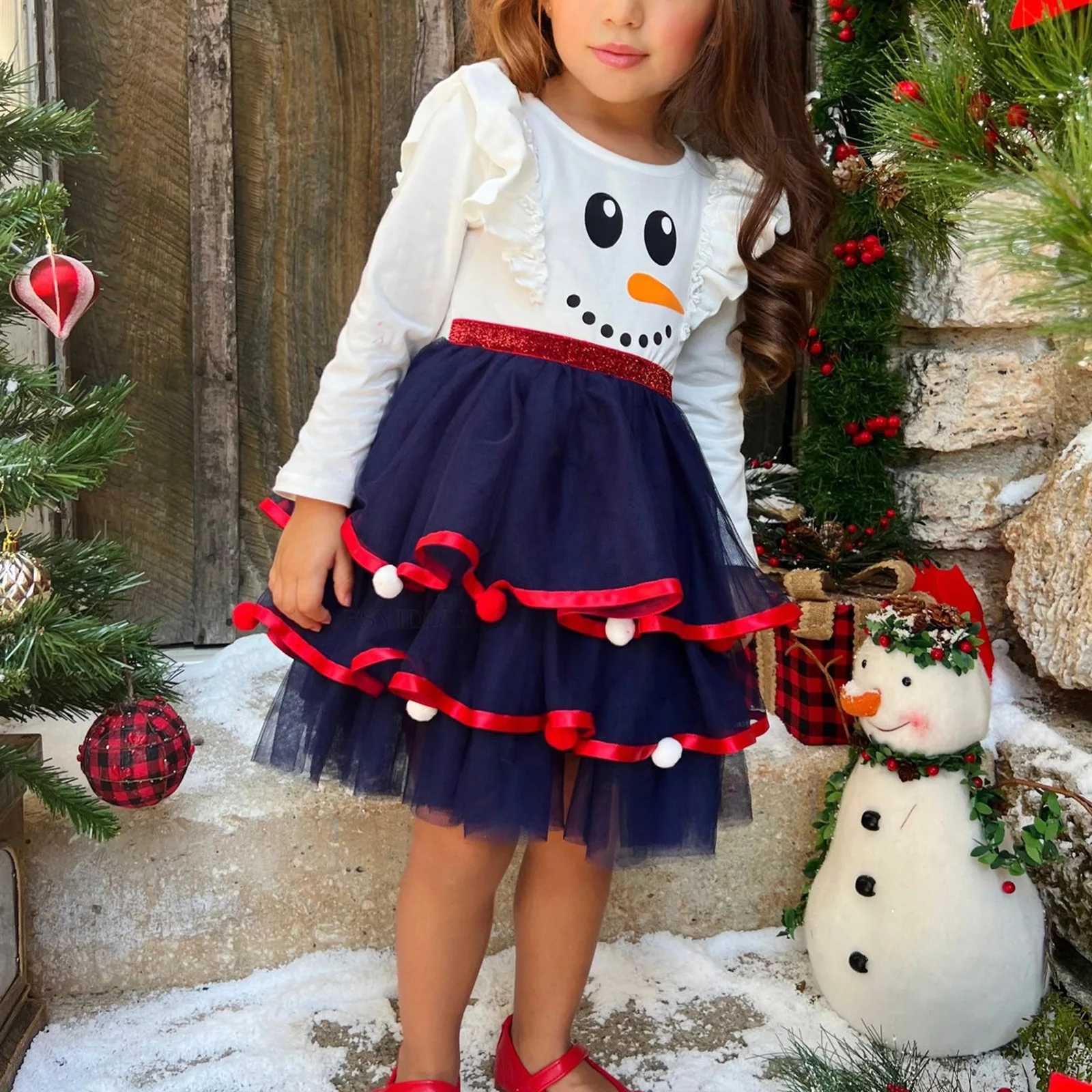 New Christmas Kids Dress Full Sleeve Cartoon Cute Ruffles Sequin Dresses Xmas Tree Printed Gift For Girls Princess Party Clothes C251105