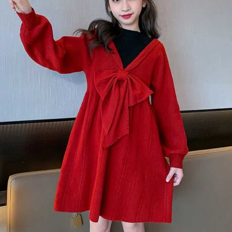 2025 New Years Red Princess Knit Dress for Toddler Girls Stylish Autumn/Winter Elegant Woolen Outfit C251105