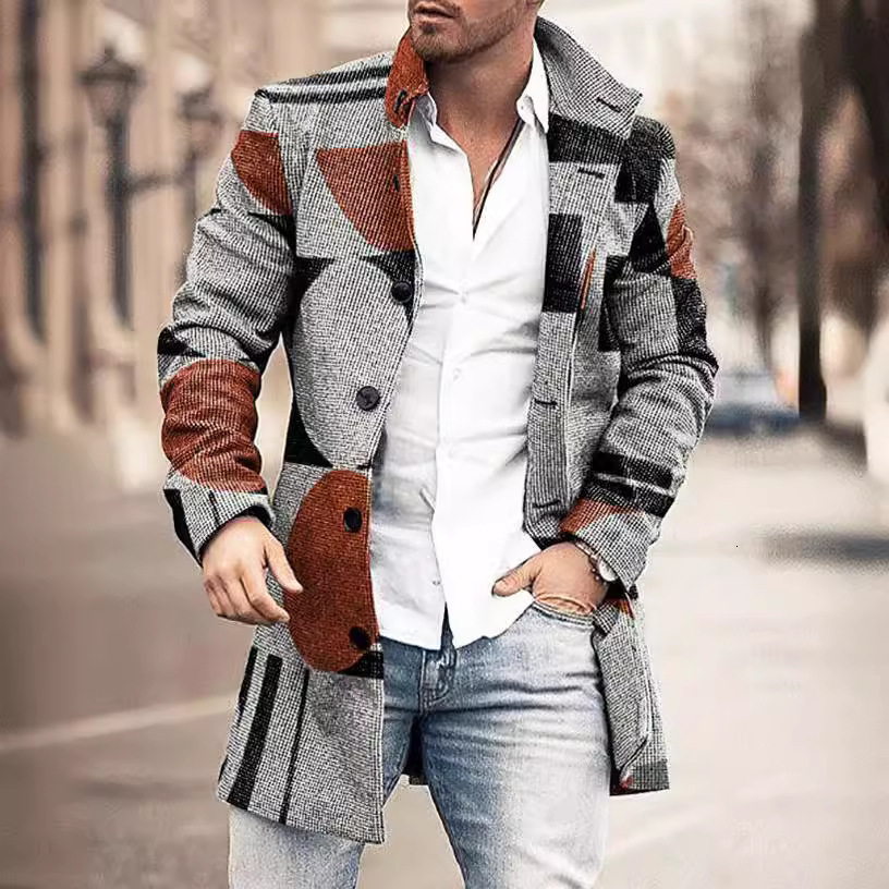 Spring new mens standing collar mid length woolen coat mens casual coat mens clothing
