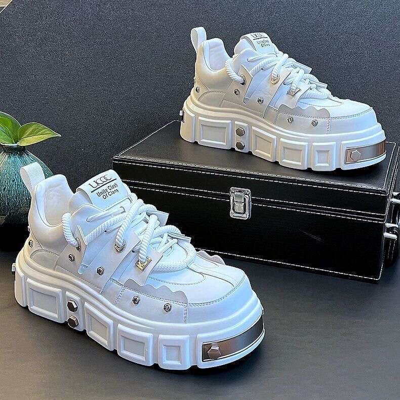 European Thick-Soled White Sneakers Men, High-End Fashion Studded Casual Height-Increasing Street Style Dad Shoes, Soft Leather for Men