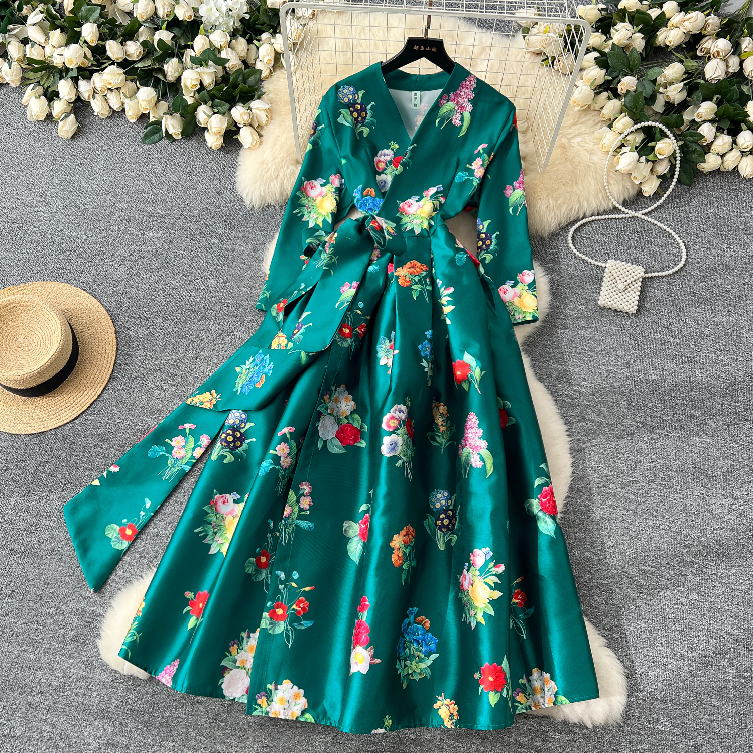 Basic Casual Dresses Spring Summer Gorgeous Holiday Beach Dress Women's Stand Long Lantern Sleeve Vintage Floral Print Belt Chiffon Loose Vestido