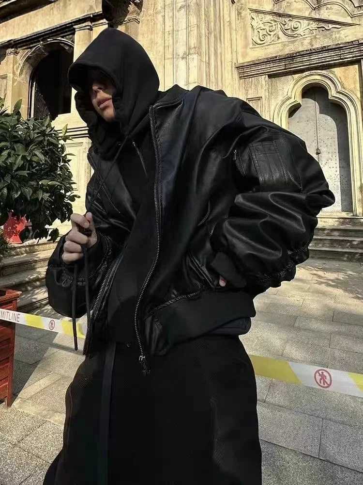 2025 New Y2k Autumn Winter Oversized Cool Black Thickened Warm Pu Leather Bomber Jacket Men Hood Luxury Designer Fake 2 Clothes C251105