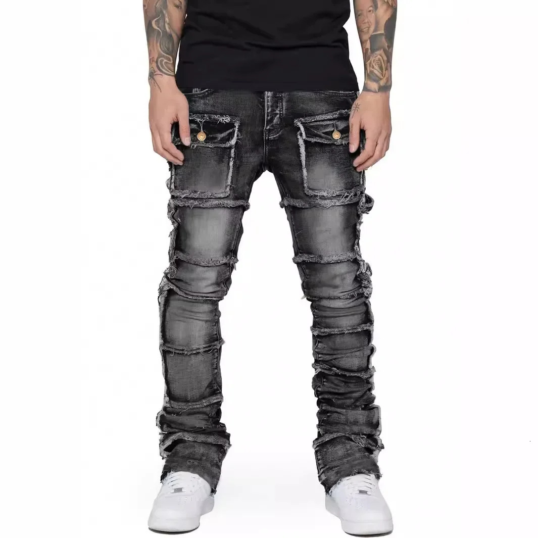 Trend Mens Jeans European and American Fashion Work Clothes Mens Wardrobe with Patches Elasticity Layering and Slight Glitter 250402