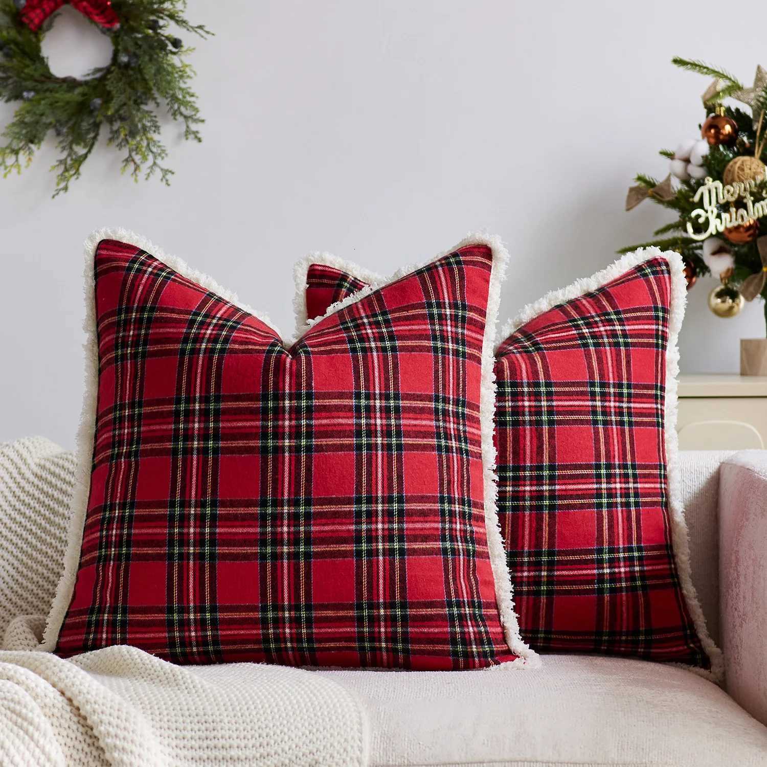 Christmas Tartan Plaid Cushion Cover Brushed Soft Red Green Ivory Decoration Pillow Cover Living Room Bedroom 45x45cm 50x50cm Y251105