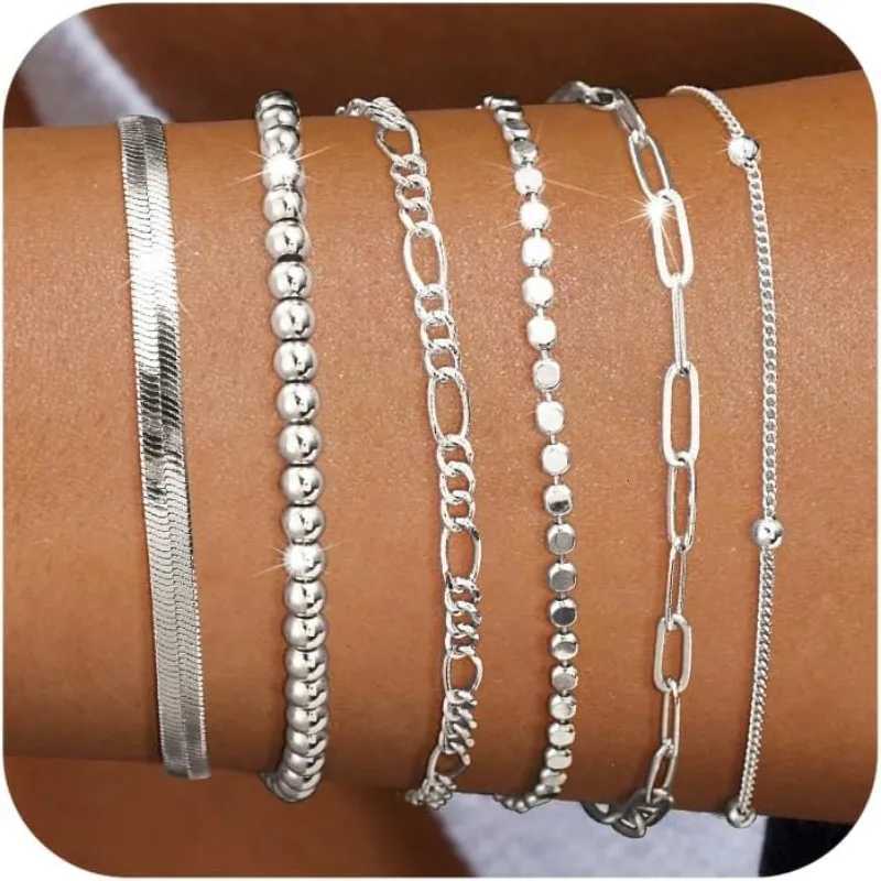 6pc/set Waterproof Stainless Steel Bracelet Set for Women Girls Fashion Bead Figaro Herringbone Paperclip Chain Bracelets PackXJ251105