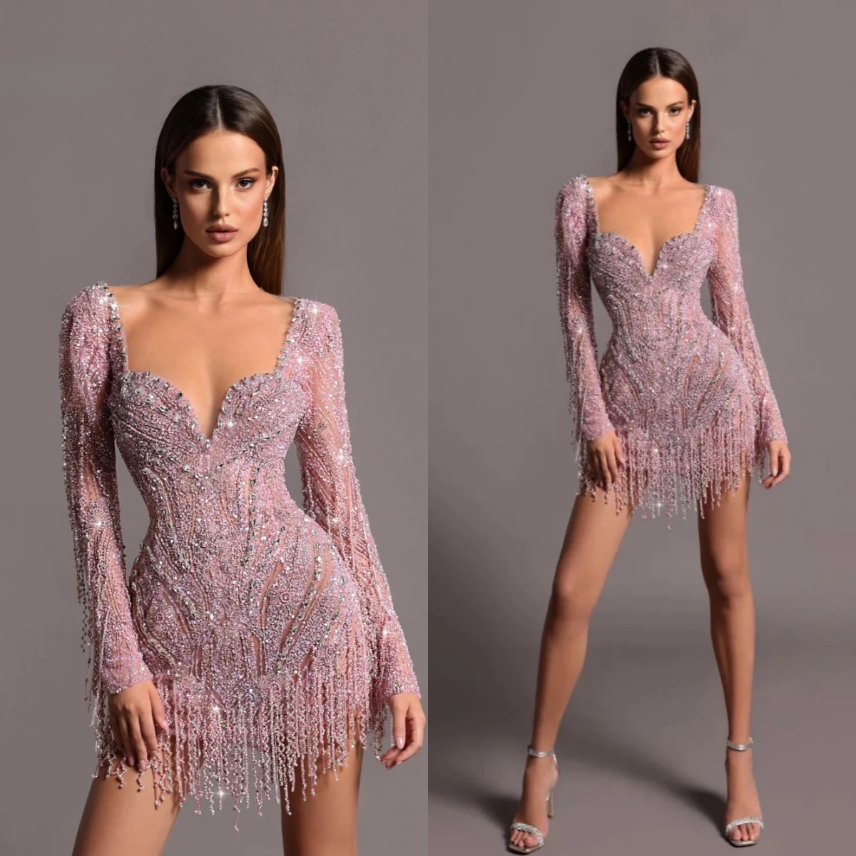 Sparkly Women's Sequins Tassel Mini Evening Dresses Long Sleeve V Neck Prom Gowns Beadeds Special Occasion Custom Made