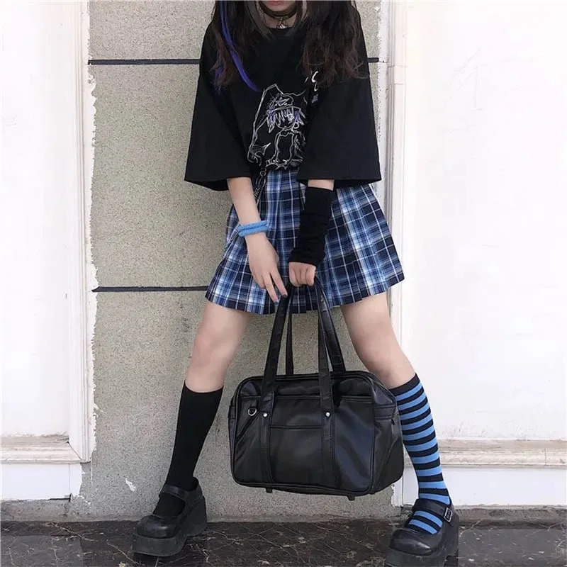 Y2K Pure Pleated Skirt Womens Cute College Style High Waist Blue Black Line n Sense Skirt Jk Short Skirt Fresh Sweet Style 250402