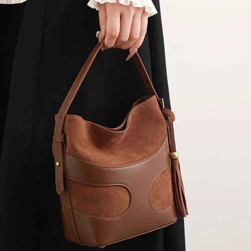 Retro matte bucket bag for women summer trendy simple pu leather commuting handbag casual single-shoulder crossbody bag 251104
